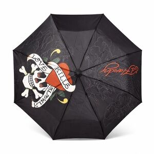 Ed Hardy Love Kills Slowly Skull Tattoo Umbrella Auto Open Compact 42" Black